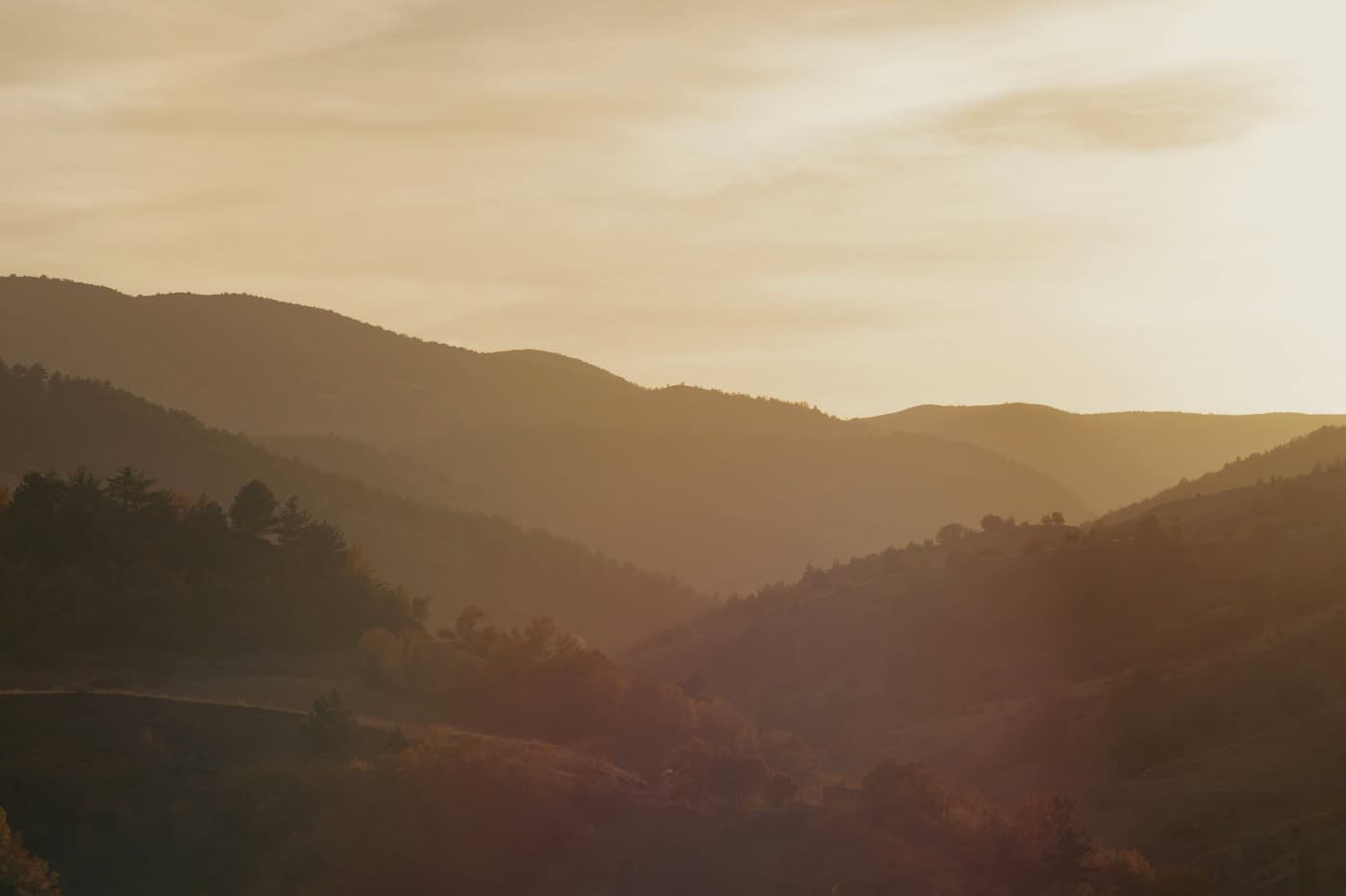Layered wooded ridges receding into warm haze under a pale sky at low sun